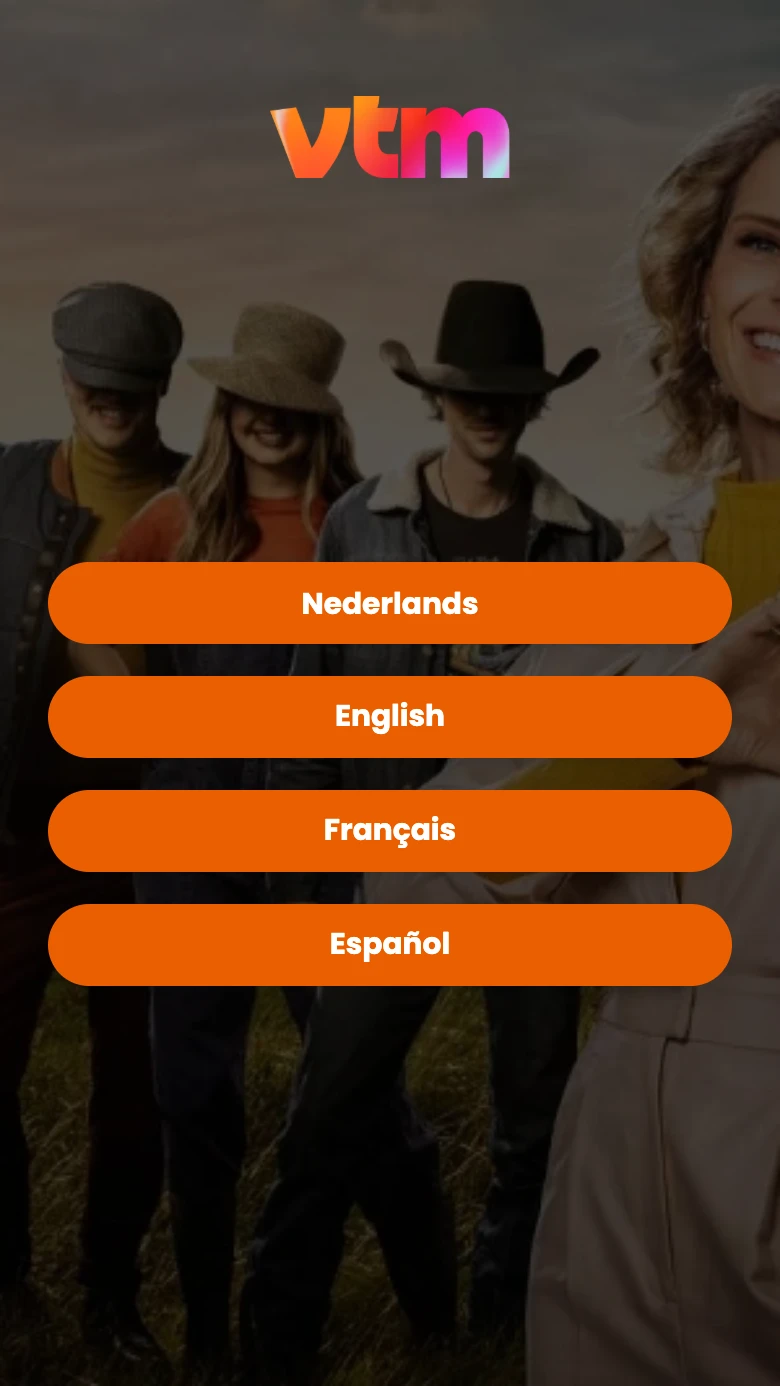 The first screen of the example casting interview: the show's logo and a choice of language over a photo of its cast