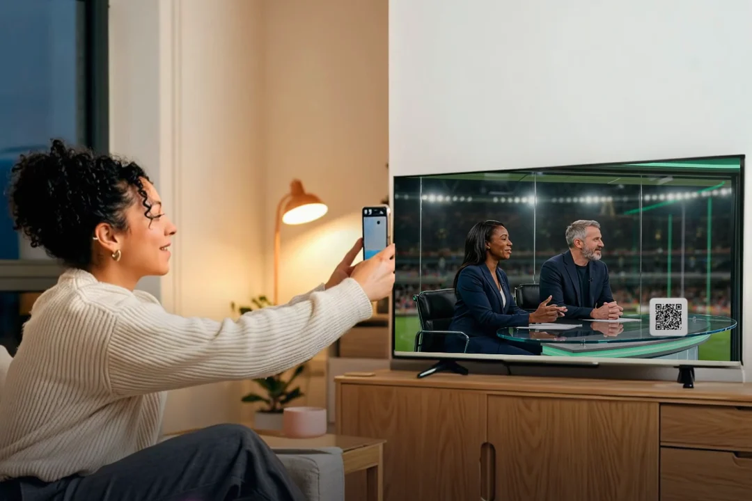 A viewer on her couch scans the QR code on her TV with her phone to join the live show