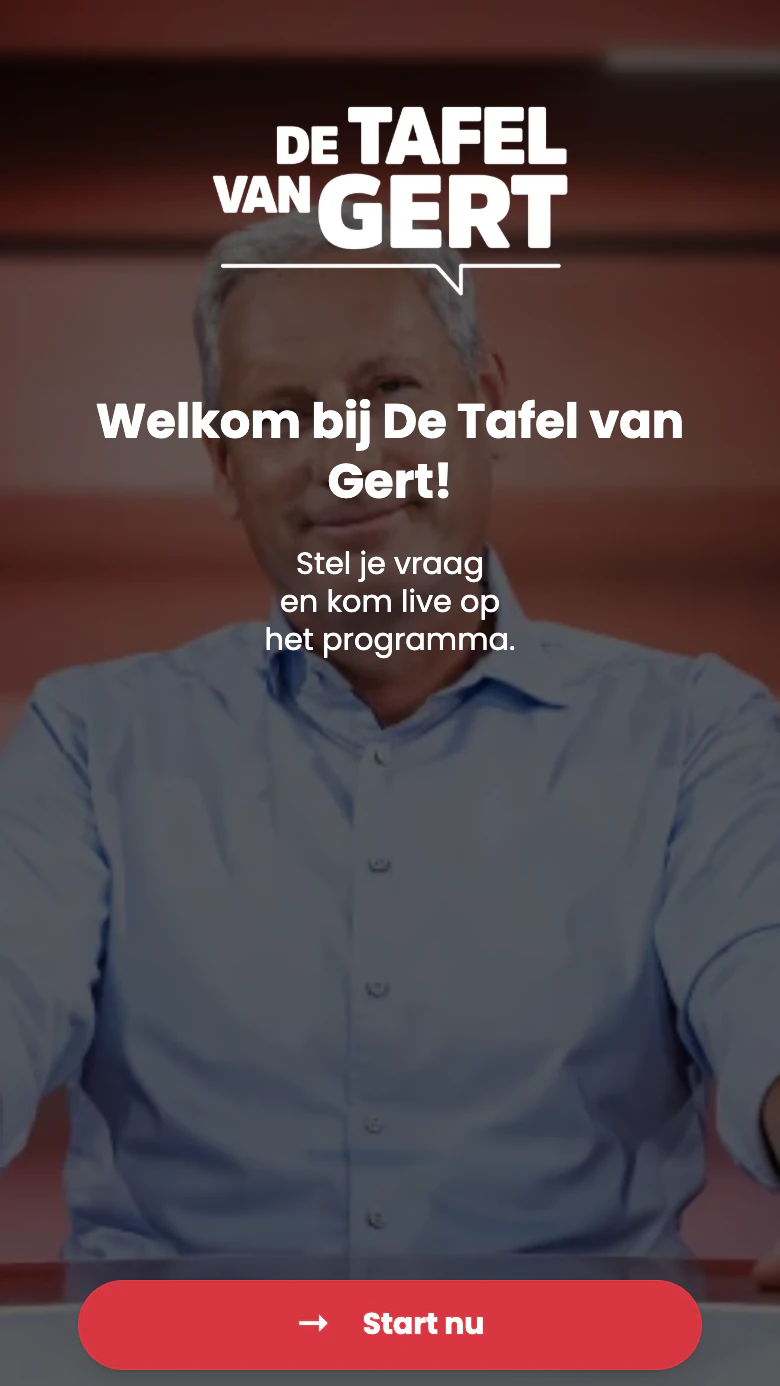 The first screen of the De Tafel van Gert interview: the show's logo, a welcome line and a Start nu button